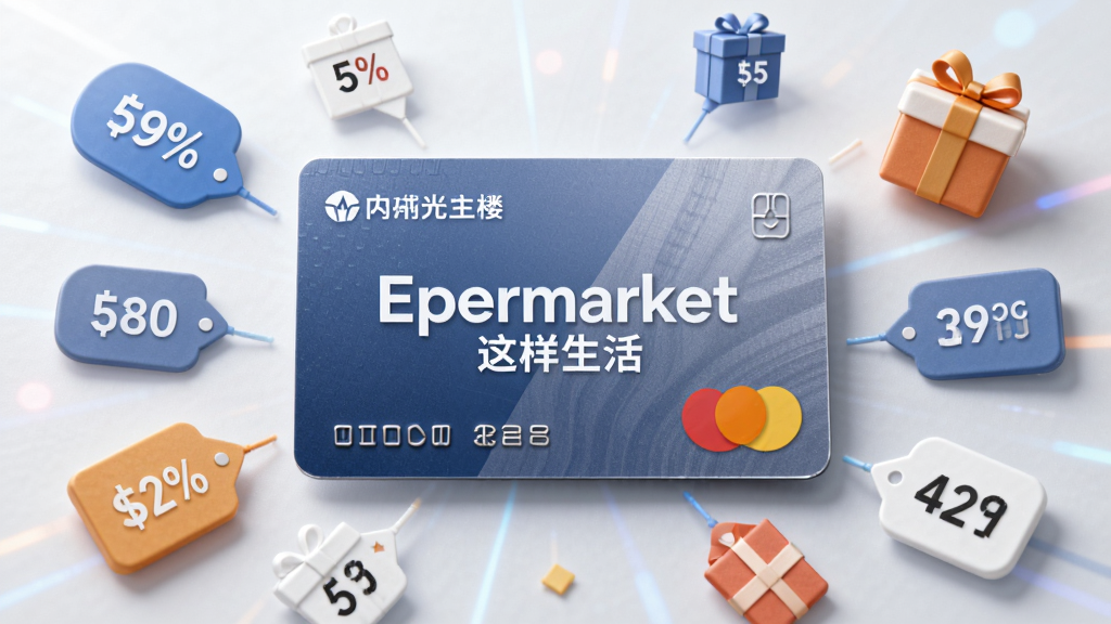 画面中央是一张会员卡,卡面印有“Epermarket这样生活”字样,周围环绕折扣标签、礼物盒、积分数字等元素,布局为居中放射状,风格为简约商务,细节包括卡面纹理和光影,画质高清,干净,无多余元素
