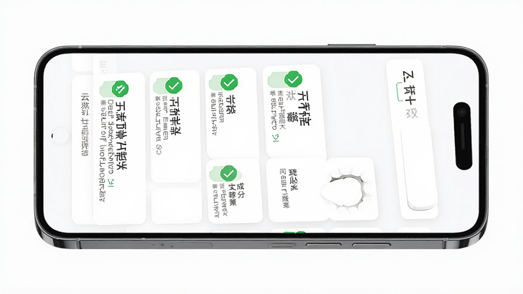 云护肤产品成分查询界面展示,主体为手机屏幕显示成分列表与安全评级,布局为手机侧视图,排版为上方搜索框下方成分卡片,风格为清爽极简风,细节包括绿色安全标识、成分名称、功效说明文字,画质高清干净无多余元素