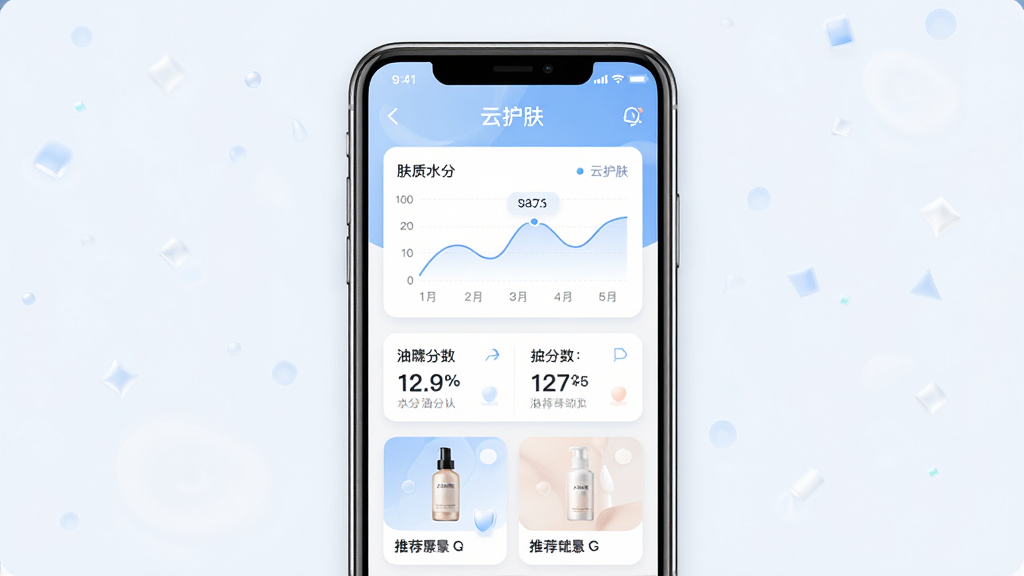 一款名为云护肤的手机应用界面展示,主体为手机屏幕中显示肤质检测报告与护肤建议页面,布局为居中手机正视图,排版为上方应用名称“云护肤”下方数据图表,风格为清新简约科技风,细节包括柔和的蓝白配色、皮肤水分油分数值、推荐产品卡片,画质高清干净无多余元素