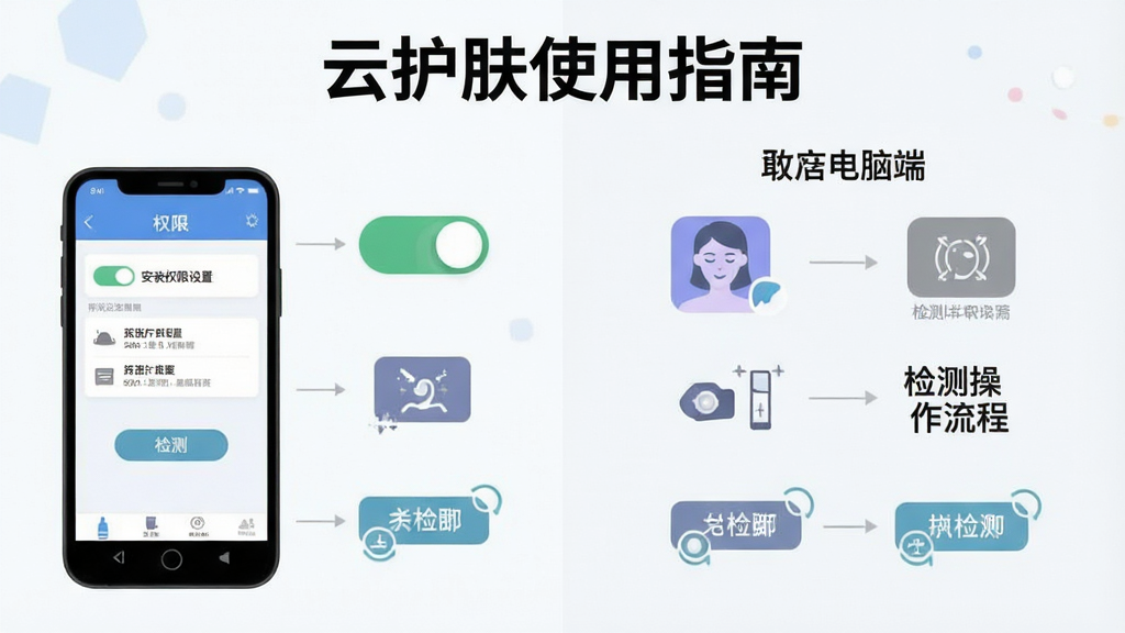 云护肤使用指南示意图,主体为手机屏幕展示安装权限设置与检测操作流程,布局为左右分栏对比移动端与电脑端,排版为上方标题“云护肤使用指南”下方步骤图示,风格为扁平化教学风,细节包括权限开关、模拟器图标、检测按钮,画质清晰干净无多余元素