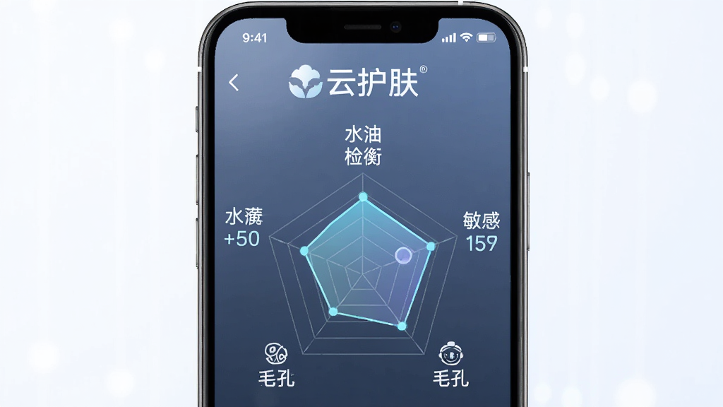 云护肤智能肤质检测功能展示图,主体为手机屏幕显示肤质分析雷达图,布局为手机居中,排版为上方“云护肤”标识下方五维肤质数据,风格为科技感浅色系,细节包括水油平衡数值、敏感度指标、毛孔状态图标,画质清晰干净无多余元素