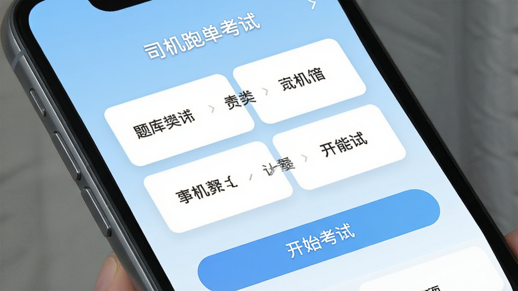 手机屏幕中显示司机跑单考试应用主界面,顶部标题为“司机跑单考试”,中间是题库分类卡片,底部有开始考试按钮,背景为浅蓝色渐变,风格简洁清爽,细节清晰,画质干净,无多余元素