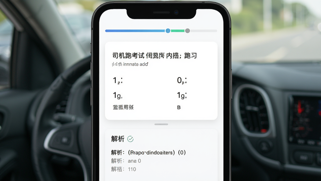 司机跑单考试应用内题库练习界面,手机屏幕显示一道选择题和下方解析区域,题目文字清晰可见,背景为白色卡片式设计,顶部有进度条,风格简约,画质干净,无多余元素