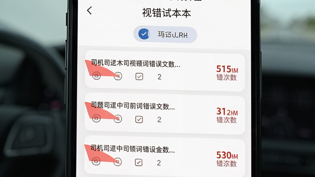司机跑单考试错题本界面,手机屏幕显示错题列表,每道题带有红色标记和错误次数,顶部有筛选按钮,背景为白色,风格清晰,画质干净,无多余元素
