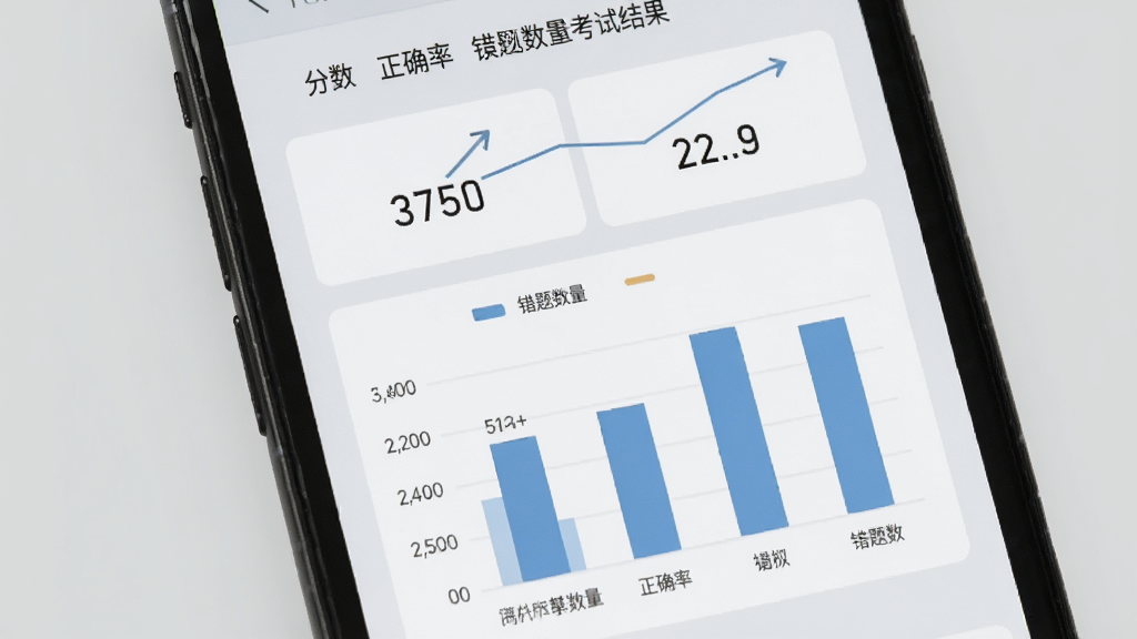 司机跑单考试模拟考试结果页面,手机屏幕显示分数、正确率、错题数量等数据,配有简单的柱状图,背景为浅灰色,风格商务简洁,画质干净,无多余元素
