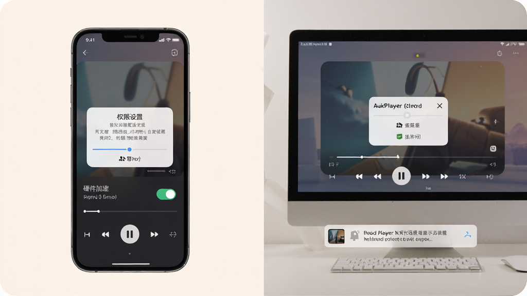 AukPlayer新手使用场景展示,主体为手机与电脑并排显示播放器界面,布局左右对比,排版清晰,风格柔和圆角,细节包含权限设置弹窗、硬件加速开关、后台播放通知栏,画质清晰,干净,无多余元素