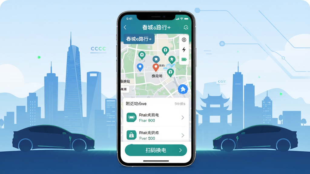春城e路行+手机应用主界面展示,画面中央放置一部智能手机,屏幕显示春城e路行+应用首页,包含换电站地图、附近站点列表和扫码换电按钮,背景为昆明城市天际线与新能源汽车剪影,布局采用居中排版,风格为科技感扁平化设计,细节包括地图标记、电量图标、导航箭头,画质高清,画面干净,无多余元素