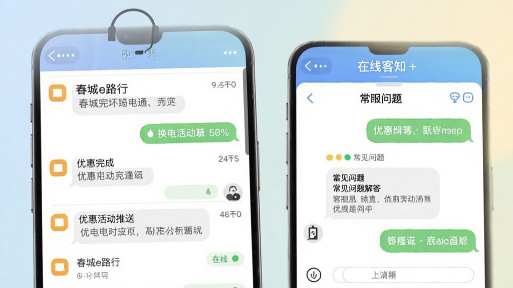 春城e路行+消息通知与客服界面,画面展示手机屏幕上的消息列表和在线客服对话框,消息包含换电完成通知和优惠活动推送,客服对话框显示常见问题解答,背景为柔和色调,布局为上下分栏,风格为友好亲和的界面设计,细节包括通知图标、聊天气泡、在线状态标识,画质清晰,画面干净,无多余元素