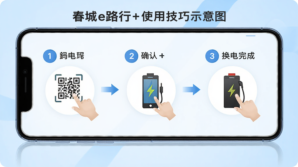 春城e路行+使用技巧示意图,画面展示一部手机屏幕显示换电操作步骤分解图,包含扫码、确认、换电完成三个步骤图标,背景为浅蓝色渐变,布局为横向流程图,风格为信息图表设计,细节包括步骤编号、箭头连接、操作手势示意,画质高清,画面干净,无多余元素