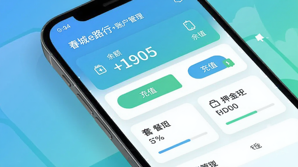 春城e路行+账户管理界面,画面展示手机屏幕上的个人中心页面,包含余额显示、充值按钮、套餐余量、押金管理等功能模块,背景为简洁的渐变色调,布局为卡片式排列,风格为清新扁平化设计,细节包括数字显示、图标按钮、进度条,画质清晰,画面干净,无多余元素