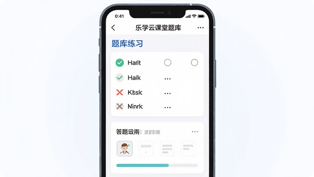 画面主体为一部手机,屏幕显示乐学云课堂题库练习界面,有选择题选项和答题卡。布局为居中排版,风格为扁平化学习工具插画,细节包括对勾、错号、进度条。画质清晰,干净,无多余元素。