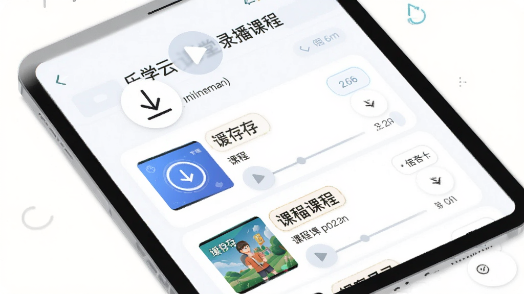 画面中央展示一台平板电脑,屏幕中显示乐学云课堂录播课程列表,带有播放按钮和倍速选项。布局为对角线构图,风格为清新简约数码插画,细节包括缓存下载箭头、课程封面缩略图。画质清晰,干净,无多余元素。