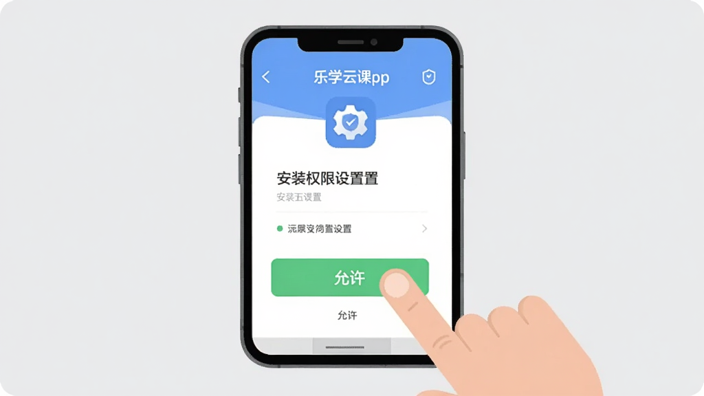一部手机屏幕显示乐学云课堂App的安装权限设置界面,旁边有手指点击“允许”按钮的动作。背景为浅灰色,风格为扁平化操作指引插画,细节包括设置齿轮图标、安全盾牌。画质清晰,干净,无多余元素。
