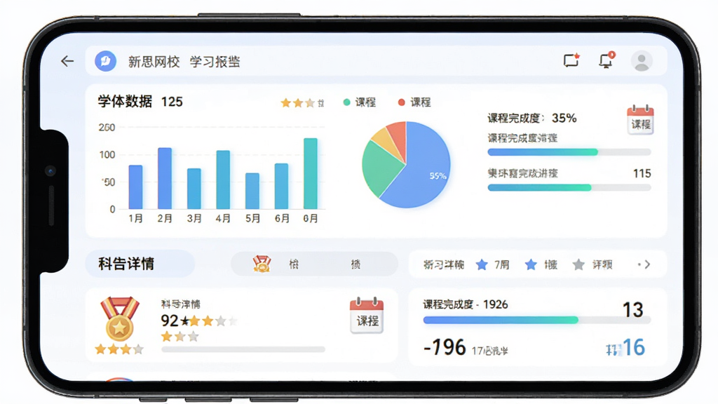 新思网校学习进度跟踪功能界面,主体为手机屏幕显示学习报告图表,包括柱状图、饼图与课程完成度进度条,布局为上下结构,上方为总体数据概览,下方为各科目详情列表,排版清晰,风格为清新数据可视化界面,细节包括星星评分、勋章图标、日历标记,画质高清,干净,无多余元素