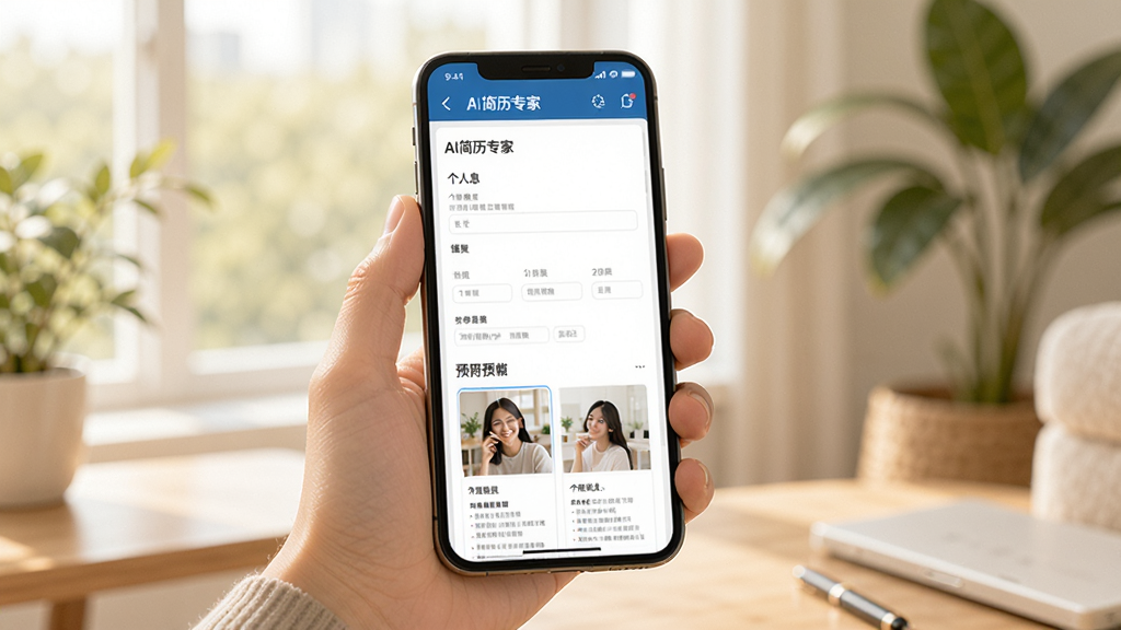 AI简历专家移动端使用场景图,画面中一只手拿着智能手机,屏幕上显示AI简历专家的简历编辑界面,界面清晰展示个人信息填写区域和模板预览,背景是明亮的室内环境,整体风格清新自然,色调温暖,画质高清,无多余元素