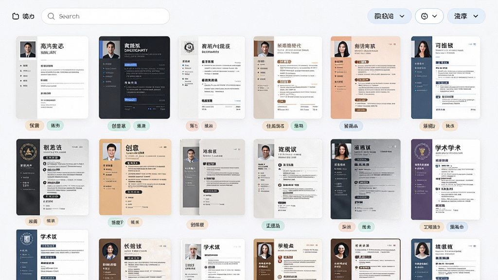 在AI简历专家软件中展示海量简历模板选择界面的场景图,画面中整齐排列着多张不同风格的简历缩略图,有简约风、商务风、创意风、学术风等,每张缩略图都有清晰的标题和标签,界面顶部有搜索框和分类筛选按钮,整体布局清晰有序,色调清新淡雅,风格现代简约,画质高清,干净无多余元素
