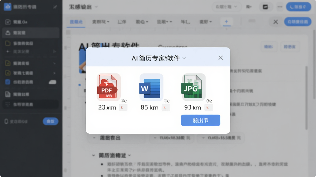AI简历专家软件中一键导出功能展示图,画面中央是一个文件导出弹窗,上面有PDF、Word、JPG等格式图标,每个图标旁边有对应的文件大小和导出按钮,背景是简历编辑界面,整体风格简洁明快,色调柔和,画质高清,无多余元素