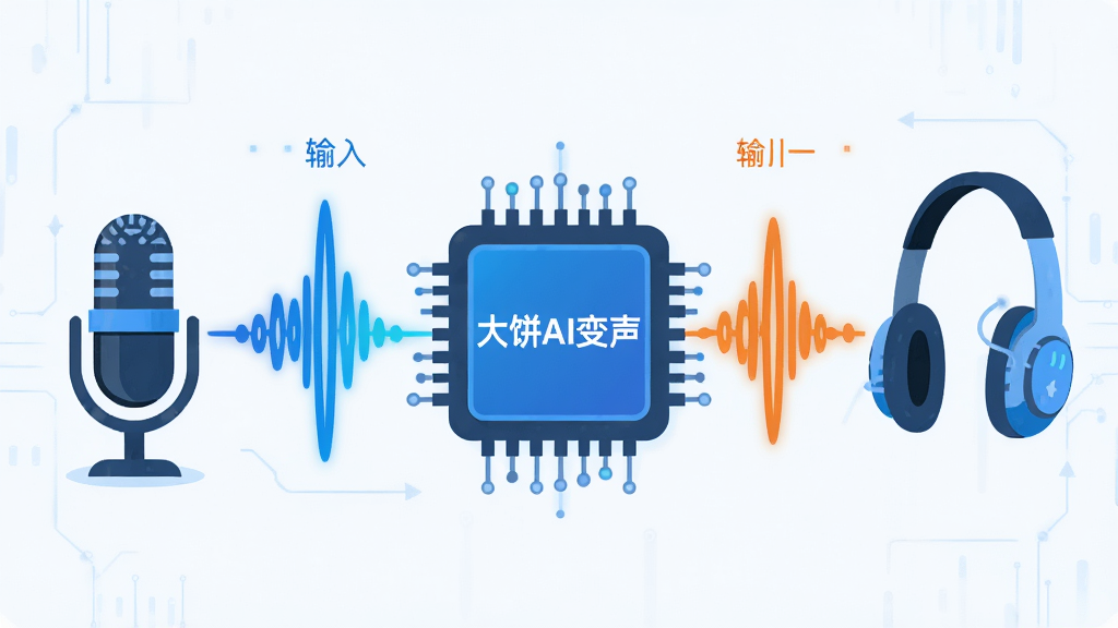 大饼AI变声实时变声引擎工作示意图,画面主体为声波从麦克风进入经过AI芯片处理再输出到耳机,布局采用从左到右的流程式构图,风格为科技蓝调扁平插画,细节上AI芯片标注“大饼AI变声”字样,声波用不同颜色区分输入和输出,画质清晰,画面干净,无多余元素