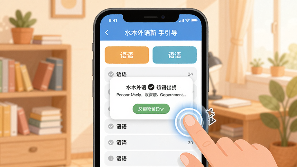 水木外语新手引导页面,画面展示手机屏幕中显示语种选择列表和权限请求弹窗,背景是简洁的室内学习角落,布局采用居中特写,风格为温馨扁平插画,细节包括手指点击屏幕的动画效果和权限图标,画质干净明亮,无多余元素