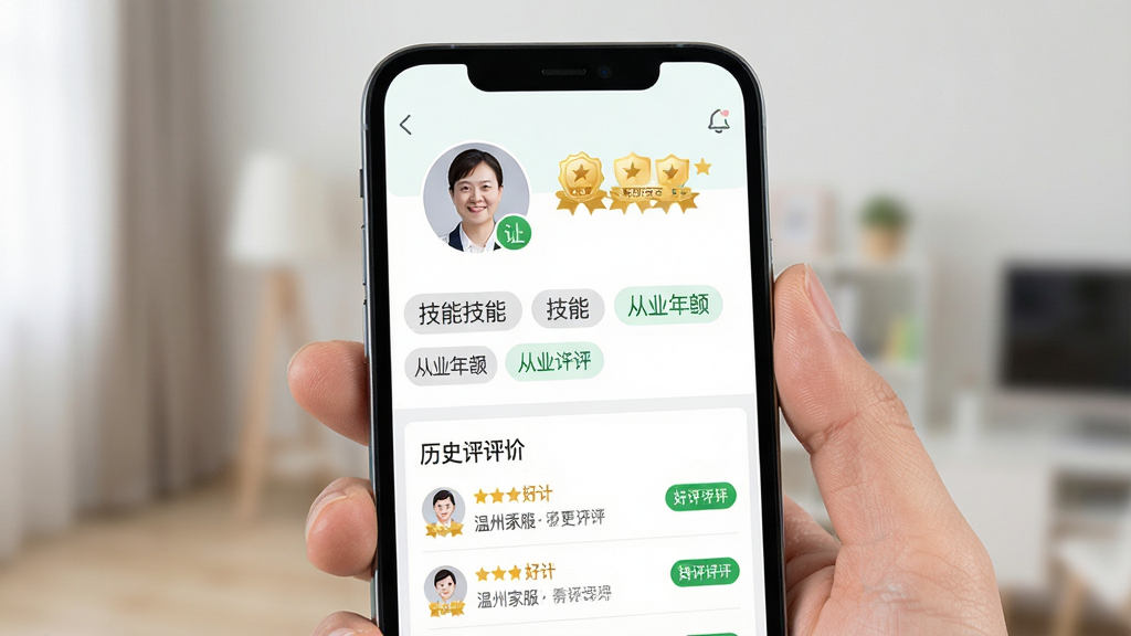 一张展示温州家服云服务人员资质详情页面的场景图,主体是手机屏幕显示一位家政阿姨的个人主页,布局为顶部个人头像与认证徽章、中部技能标签与从业年限、下部历史评价列表,排版层次分明,风格为清新浅色系UI设计,细节包括金色认证图标、绿色好评标签、灰色文字说明,画质高清、画面干净、无多余元素