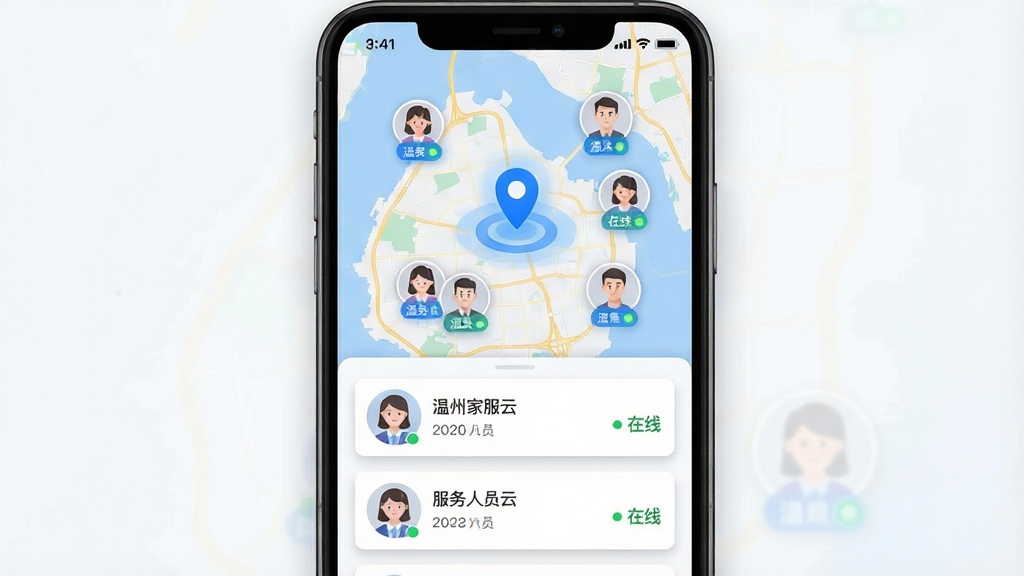 一张展示温州家服云本地化服务匹配功能的示意图,主体为手机屏幕显示地图定位界面,地图上标注多个服务人员头像图标分布在温州市区各个位置,布局为上半部分地图、下半部分服务人员列表卡片,排版清晰有序,风格为现代简约科技感,细节包括蓝色定位光晕、绿色在线状态点、白色卡片阴影效果,画质高清、画面干净、无多余元素