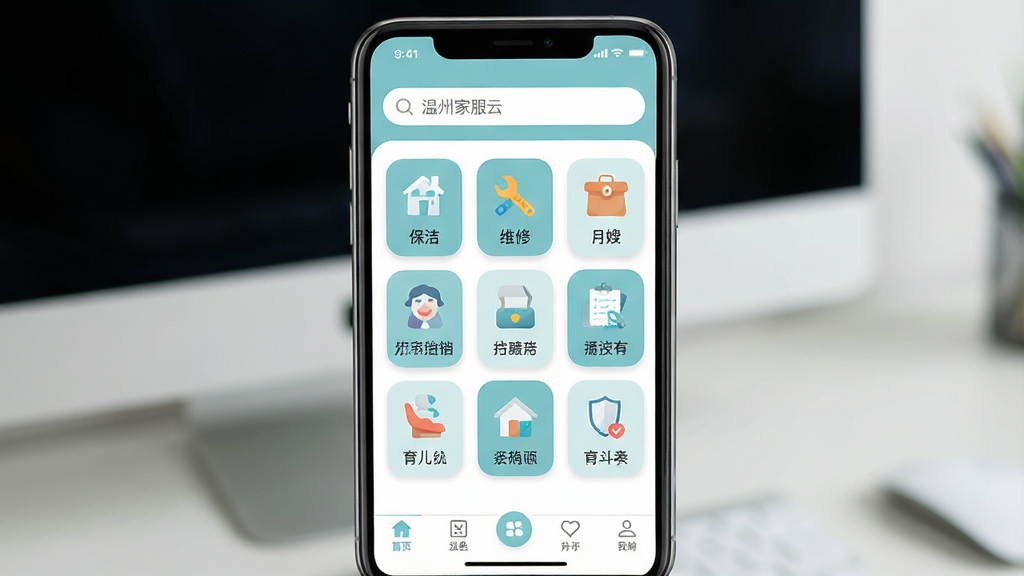 一张展示温州家服云手机应用界面的场景图,主体是一部竖屏智能手机,屏幕中显示温州家服云APP首页,首页包含家政服务分类图标如保洁、维修、月嫂、育儿等,布局为顶部搜索栏、中部功能宫格、底部导航菜单,排版整齐清晰,风格为现代扁平化UI设计,细节包括柔和的蓝绿色调、圆角图标、简洁文字标签,画质高清、画面干净、无多余元素