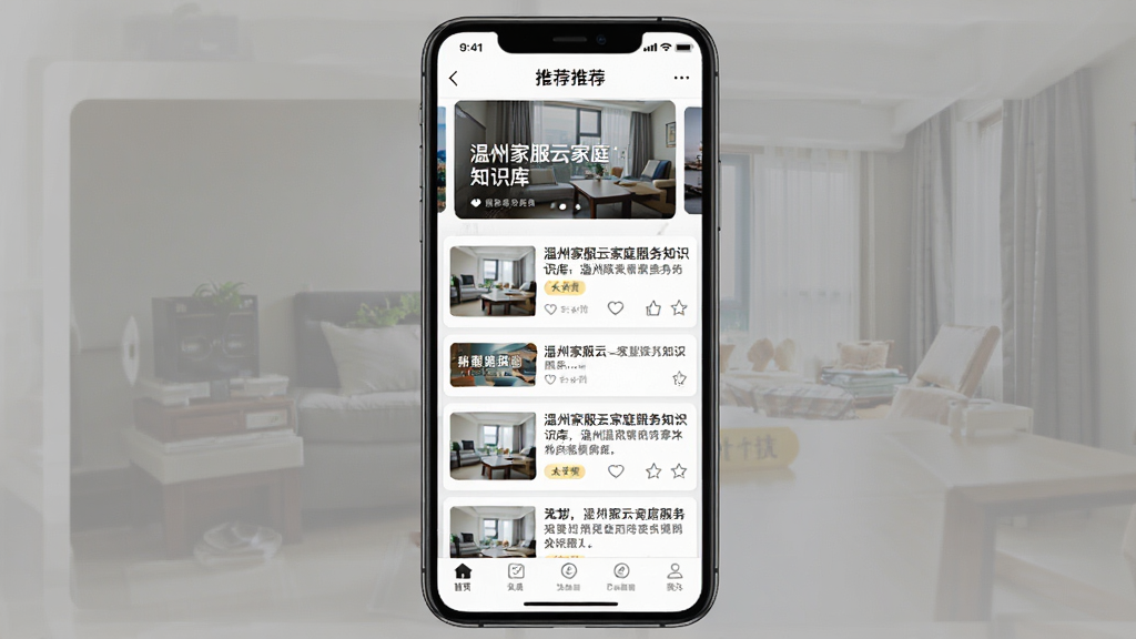 一张展示温州家服云家庭服务知识库板块的界面截图,主体为手机屏幕显示文章列表页,布局为顶部轮播推荐图、中部文章卡片流、底部导航栏,排版整齐美观,风格为杂志式内容排版,细节包括文章缩略图、阅读时长标签、点赞收藏图标,画质高清、画面干净、无多余元素