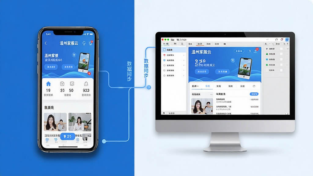 一张展示温州家服云在手机和电脑模拟器上同时运行的对比示意图,主体为左侧手机屏幕显示APP首页、右侧电脑屏幕显示模拟器运行界面,布局为左右并排对比,排版清晰直观,风格为科技感产品展示图,细节包括设备边框阴影、界面内容一致、连接线示意数据同步,画质高清、画面干净、无多余元素