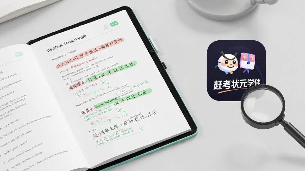 画面展示一本翻开的电子错题本,页面上标注红色错题与绿色订正记录,旁边放置“赶考状元学伴”APP图标与放大镜元素,背景为浅灰色书桌,布局采用对角线构图,风格清新学习风,细节清晰,画质干净,无多余元素