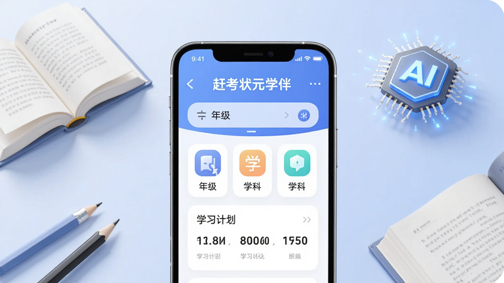 画面中央展示一部智能手机,手机屏幕上显示“赶考状元学伴”APP主界面,界面包含年级选择、学科图标与学习计划卡片,手机四周环绕书本、铅笔与发光AI芯片元素,背景为柔和淡蓝色渐变,整体布局居中对称,风格简洁科技感,细节清晰,画质干净,无多余元素
