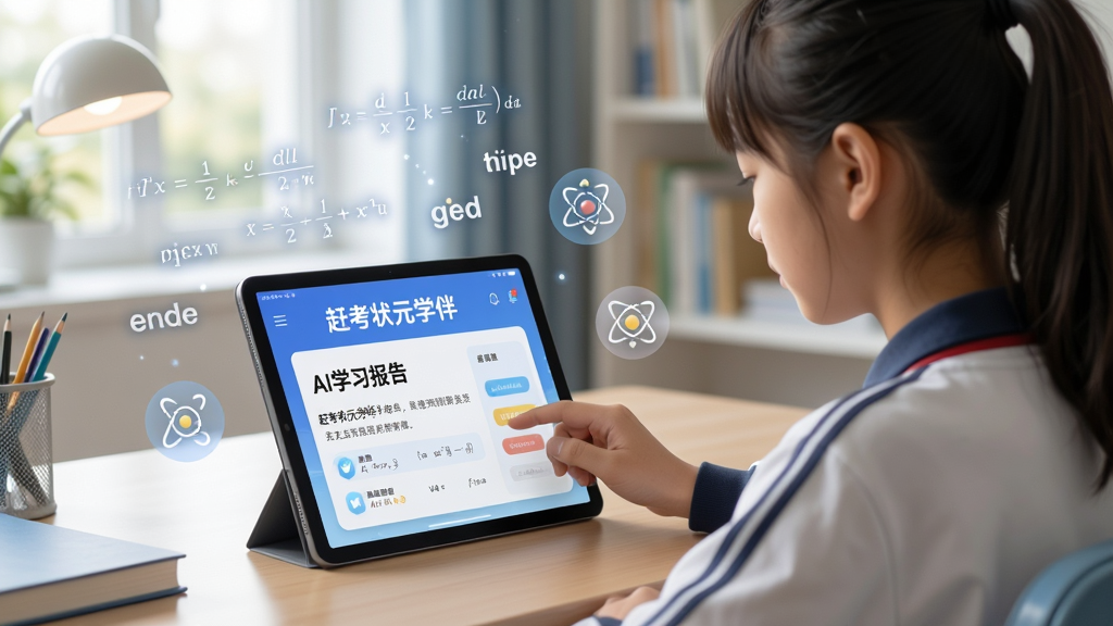 画面中央为一位中学生坐在书桌前使用平板电脑,屏幕显示“赶考状元学伴”AI学习报告界面,周围漂浮着数学公式、英语单词与科学图标,背景为明亮书房环境,布局采用三分法构图,风格写实教育风,细节丰富,画质清晰,干净无多余元素