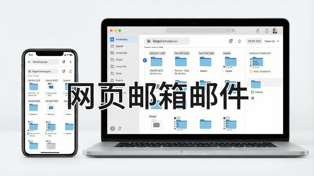一张展示网页邮箱邮件跨设备文件管理界面的图片,画面主体为一部手机和一台笔记本电脑并排摆放,屏幕上都显示着统一的文件管理界面,界面中文件按日期和类型整齐排列,布局为左右对比,排版清晰,风格为现代商务风,细节包含文件夹图标、日期标签、存储路径文字,画质高清,画面干净,无多余元素,图片中打文字“网页邮箱邮件”