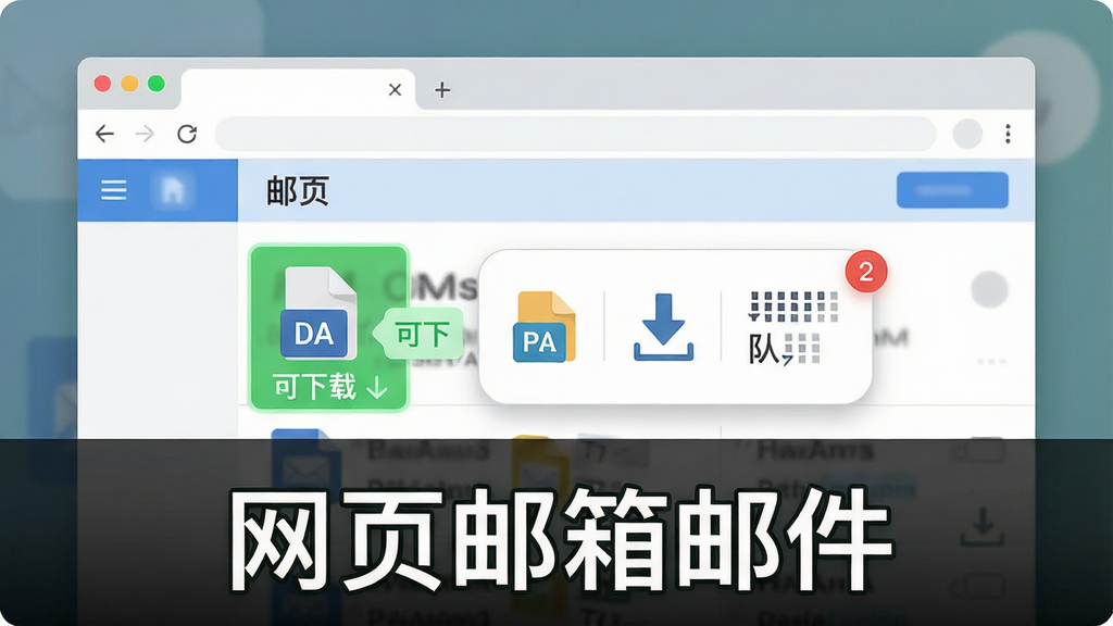 一张展示网页邮箱邮件智能嗅探功能的示意图,画面主体是一个浏览器窗口,窗口内邮件附件旁出现绿色的“可下载”高亮标记,布局为居中展示,排版突出软件悬浮操作按钮,风格为扁平化设计,细节包含文件类型图标、下载箭头、队列数字提示,画质清晰,画面干净,无多余元素,图片中打文字“网页邮箱邮件”
