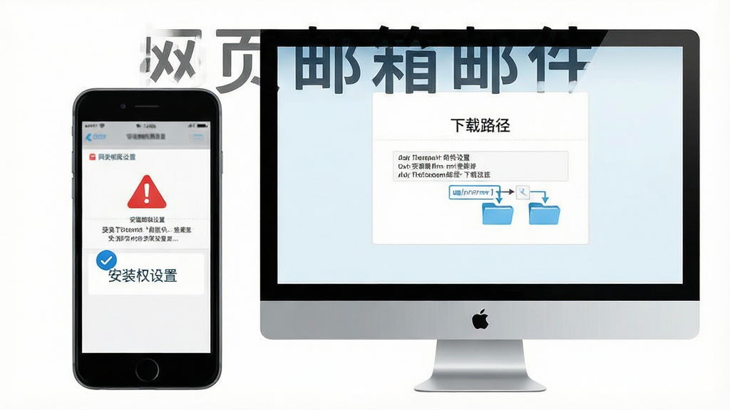 一张展示网页邮箱邮件使用指南的示意图,画面主体为一部手机和一台电脑,屏幕上分别显示安装权限设置界面和下载路径选择界面,布局为上下排列,排版清晰,风格为教程图解风,细节包含红色警告图标、蓝色对勾、文件夹路径文字,画质高清,画面干净,无多余元素,图片中打文字“网页邮箱邮件”