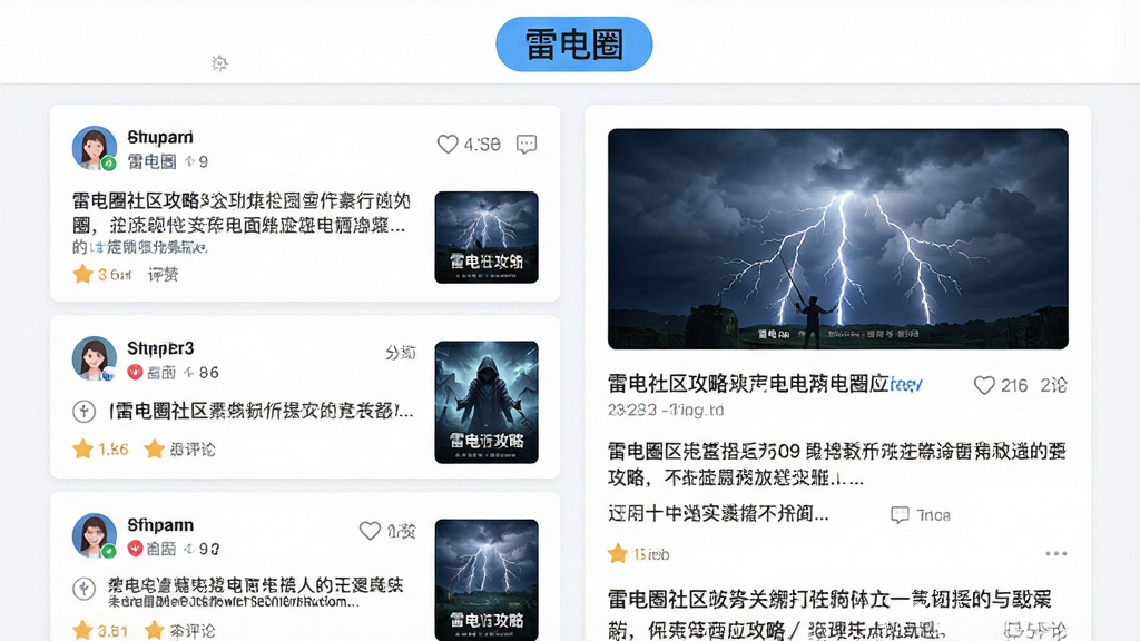 一张展示雷电圈社区攻略页面的图片,画面中显示帖子列表和攻略文章标题,顶部有“雷电圈”社区标签,布局采用信息流卡片式排版,风格清新明快,细节上体现用户头像、点赞评论图标和攻略封面,画质高清,干净无多余元素