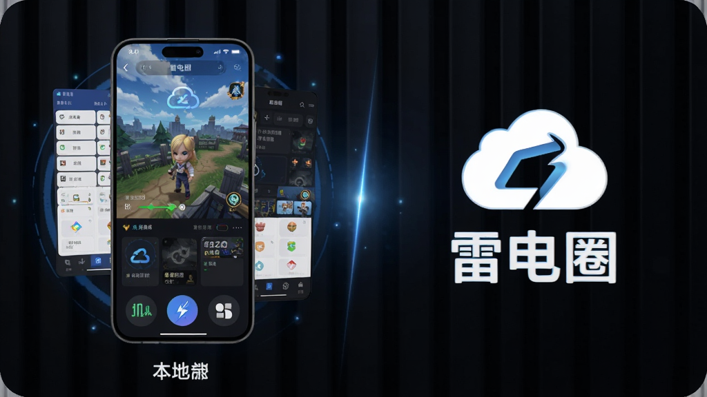 一张展示雷电圈云手机功能的图片,画面中一部手机屏幕内显示云端虚拟手机界面,正在运行一款游戏,旁边有“雷电圈”标识和云朵图标,布局采用左右对比展示本地与云端,风格科技感十足,细节上体现多开窗口和挂机状态,画质高清,干净无多余元素