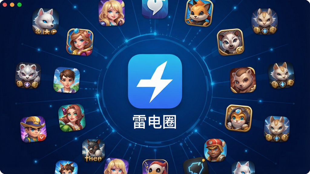 一张展示雷电圈软件主界面的图片,画面中央是雷电圈APP的图标和名称“雷电圈”,图标周围环绕着多款热门手游的图标,背景是深蓝色科技感渐变,布局采用中心辐射式排版,风格简洁现代,细节上体现游戏社区氛围,画质高清,干净无多余元素