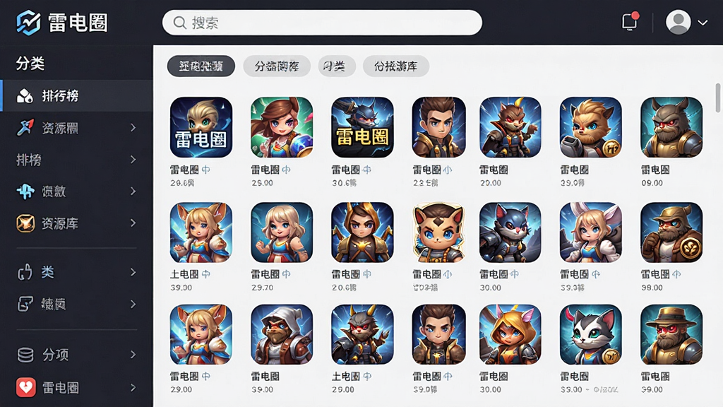 一张展示雷电圈游戏资源库界面的图片,画面中整齐排列着各种手游图标和分类标签,顶部有搜索框,左侧有排行榜和分类导航,布局清晰有序,风格偏向应用商店的扁平化设计,细节上体现“雷电圈”字样和游戏封面图,画质高清,干净无多余元素