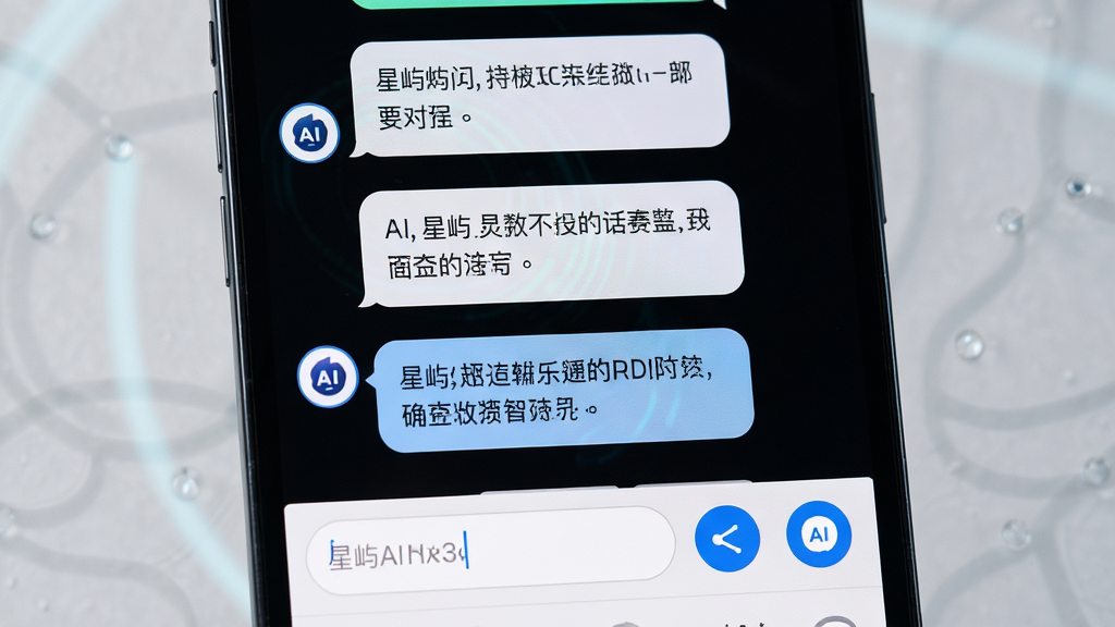 星屿AI智能对话界面特写图,主体为手机屏幕中显示的聊天气泡与输入框,布局为垂直排列,排版清晰,风格为清新简约科技风,细节包含对话文字、发送按钮、AI头像图标,画质高清,干净,无多余元素
