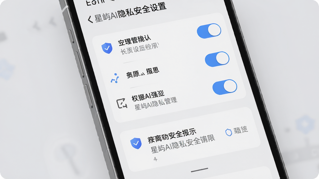 星屿AI隐私安全设置页面展示图,主体为手机屏幕显示权限管理列表与安全提示,布局为上下结构,排版整齐,风格为稳重浅灰质感,细节包含开关按钮、盾牌图标、说明文字,画质高清,干净,无多余元素