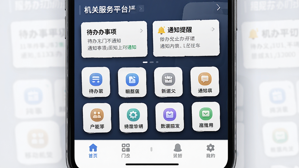 一幅以“机关服务平台”移动办公门户为主题的界面展示图,画面主体为手机屏幕特写,屏幕上方显示待办事项和通知提醒的卡片列表,中部为功能图标矩阵,下方为底部导航栏,布局清晰规整,采用简约商务风格,细节上突出卡片阴影与图标质感,画质高清,干净无多余元素