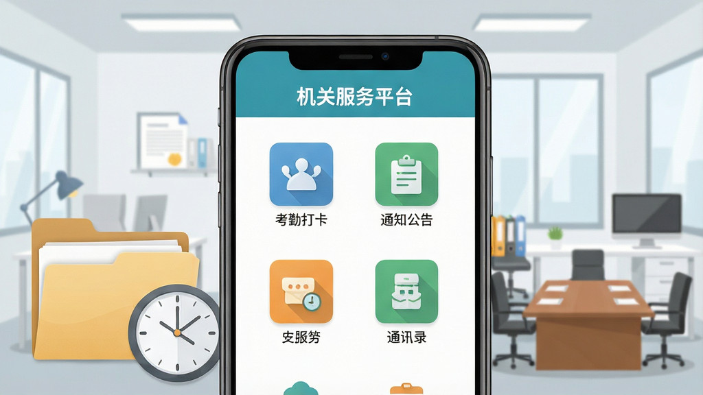 一幅展示移动政务办公场景的写实风格插图,画面中央是一部智能手机,屏幕上清晰显示“机关服务平台”应用界面,界面包含考勤打卡、通知公告、通讯录等功能图标,手机周围环绕着文件夹、时钟、会议桌等办公元素,背景为简洁的现代办公室环境,整体布局以手机为视觉中心,采用清新明亮的扁平化风格,细节上强调界面图标的清晰度与办公元素的质感,画质高清,干净无多余元素