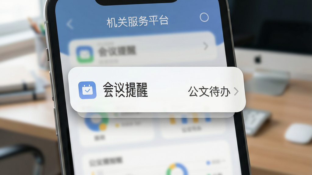 一幅表现“机关服务平台”消息通知功能的场景图,画面为手机屏幕弹出通知横幅的特写,横幅上显示“会议提醒”和“公文待办”字样,背景为虚化的办公桌面,布局以通知横幅为视觉焦点,采用现代扁平化风格,细节上强调通知卡片的圆角与阴影,画质高清,干净无多余元素