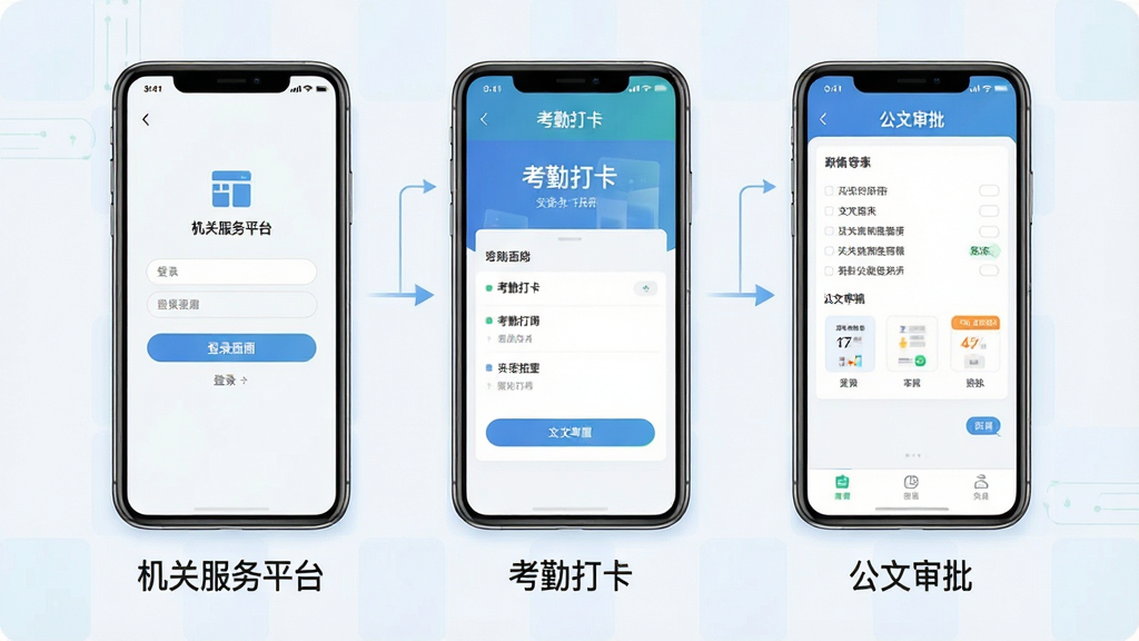 一幅展示“机关服务平台”移动端操作流程的示意图,画面分为三个并排的手机屏幕,从左到右依次展示登录界面、考勤打卡界面和公文审批界面,每个屏幕下方配有简短的文字标注,整体布局横向排列,采用清爽浅色风格,细节上突出界面之间的逻辑关联,画质高清,干净无多余元素