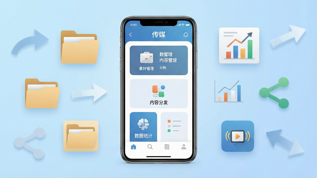 软件全貌展示图,画面中央放置一部智能手机,手机屏幕上显示有为传媒应用的主界面,界面中包含素材管理、内容分发、数据统计等功能模块入口,背景为浅蓝色渐变,周围环绕文件夹、图表、分享箭头等传媒相关图标,整体风格简洁现代,布局清晰,细节丰富,画质高清,干净无多余元素