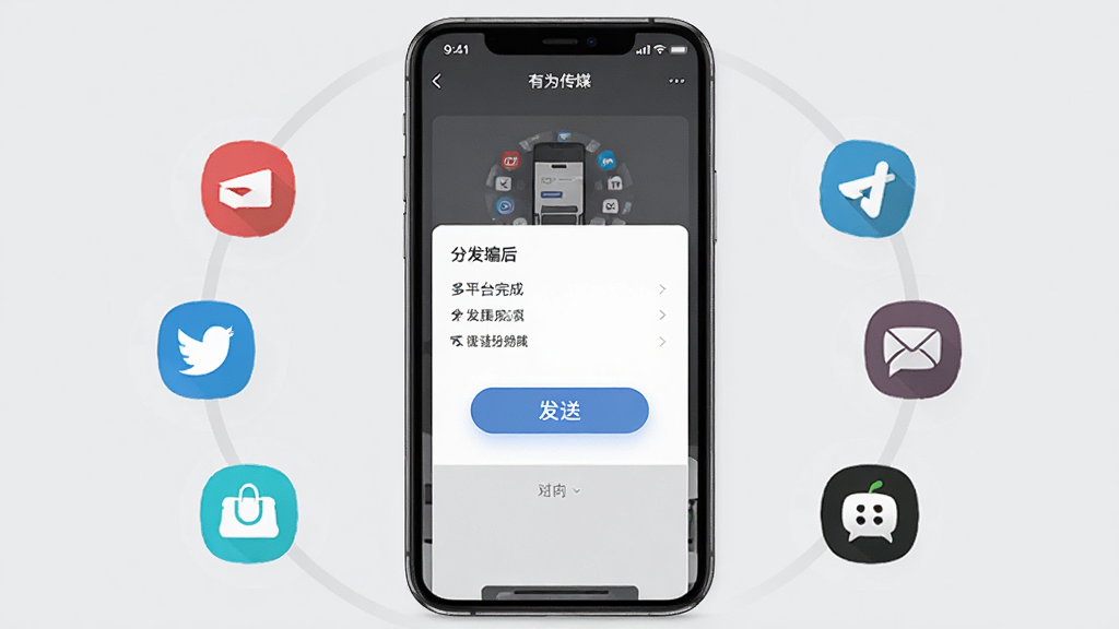 有为传媒多平台分发功能展示图,画面中手机屏幕显示内容编辑完成后的分发选项,多个社交平台图标排列成环形,中间有发送按钮,背景为浅灰色,风格商务简约,布局对称,细节精致,画质高清,干净无多余元素