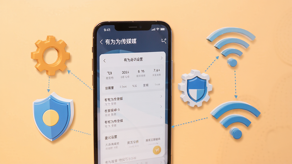 有为传媒使用技巧示意图,画面展示一部手机旁边放置齿轮、盾牌、WiFi信号等图标,手机屏幕显示有为传媒设置界面,背景为浅橙色,风格温馨实用,布局自然,细节清晰,画质高清,干净无多余元素
