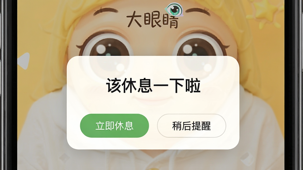 大眼睛软件用眼提醒弹窗的手机界面截图,画面中央显示