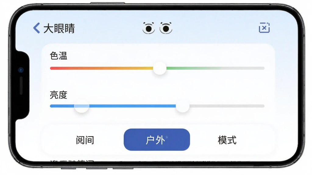 展示大眼睛软件护眼模式设置界面的手机截图,画面中显示色温调节滑块、亮度调节条以及阅读、夜间、户外三种模式切换按钮,界面风格简约,背景为淡蓝色,突出