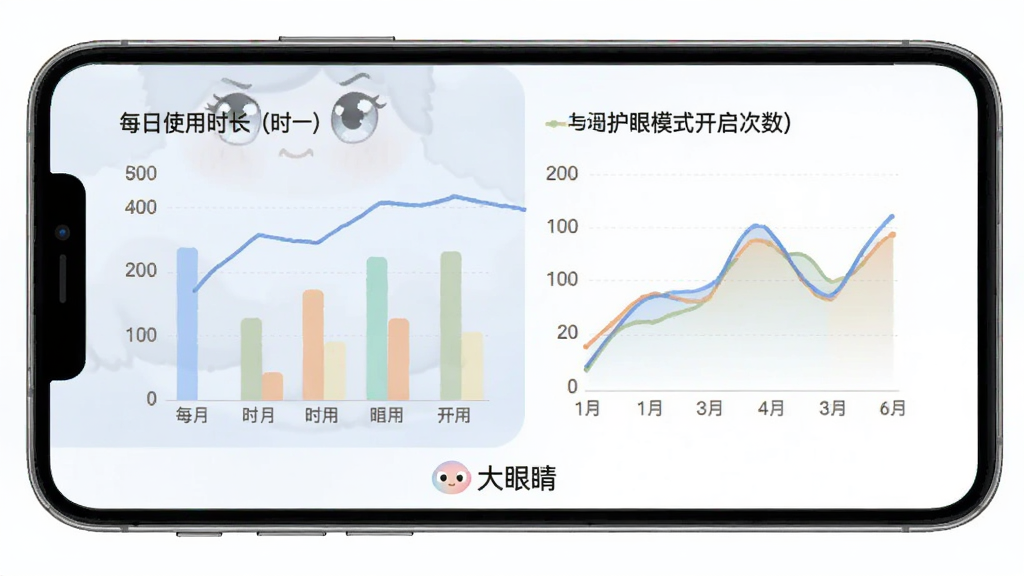 大眼睛软件用眼数据统计页面的手机截图,画面中显示柱状图和折线图,展示每日使用时长和护眼模式开启次数,图表配色柔和,界面底部有